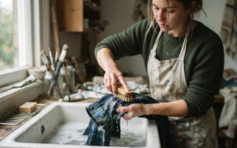 a person scrubbing paint off a piece of clothing
