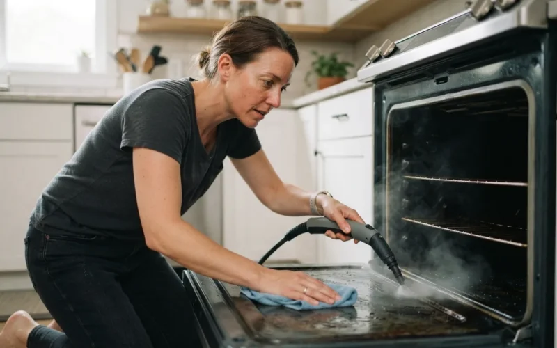 a person cleaning an oven with steam
