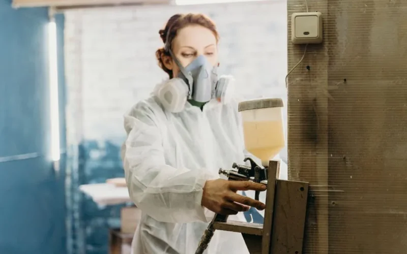 Woman wearing protective gear using a spray paint gun inside an industrial workshop.