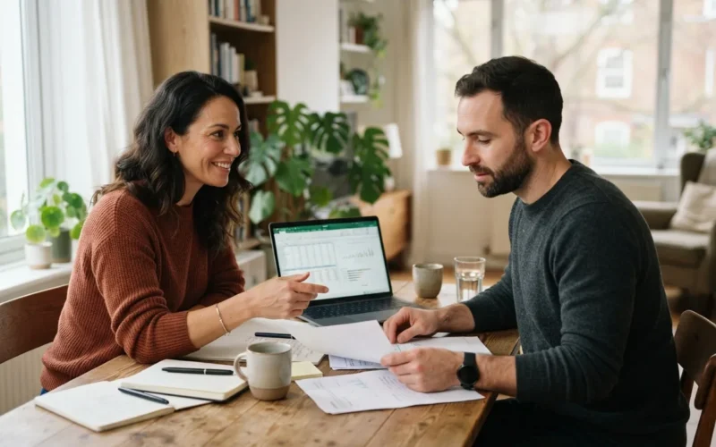 a couple sitting at a table with a laptop and documents