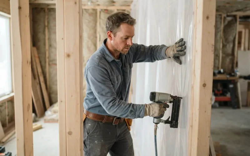 a worker installing a plastic sheet on a wall