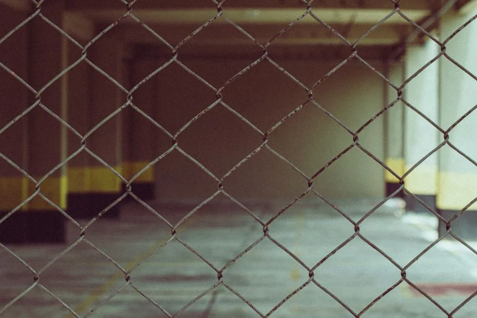 Blurred interior view through a chain link fence in industrial setting.