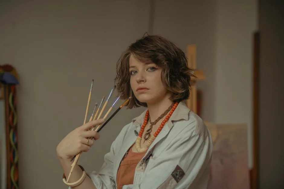 A studio portrait of a confident artist holding paintbrushes, showcasing creativity and expression.