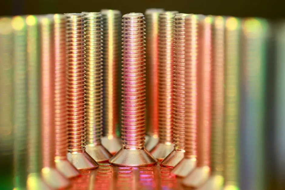 Vibrant close-up of metallic screws in rainbow hues, showcasing industry essentials.