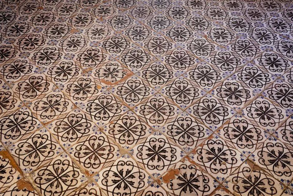 Ornate vintage tiles with intricate black floral designs indoors.
