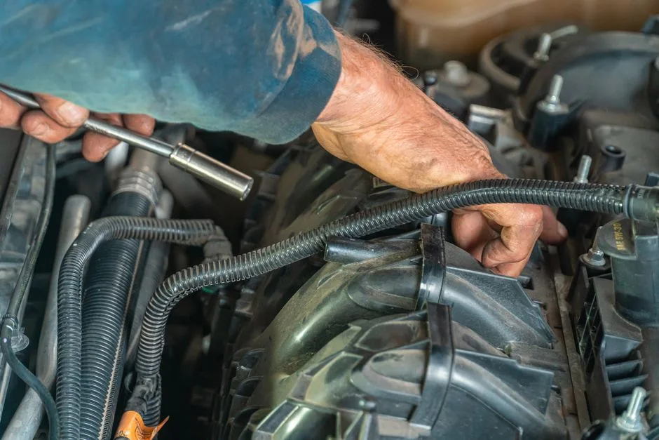 Detailed image of a mechanic repairing a car engine, showcasing technical expertise.