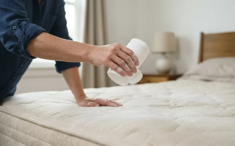 a person sprinkling baking soda on a mattress
