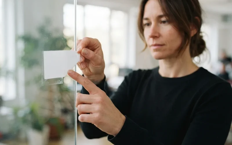 a person peeling a sticker from a glass surface