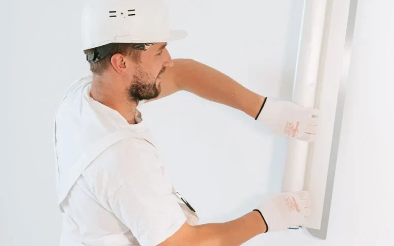 Professional construction worker installing drywall with gloves and helmet inside a building.