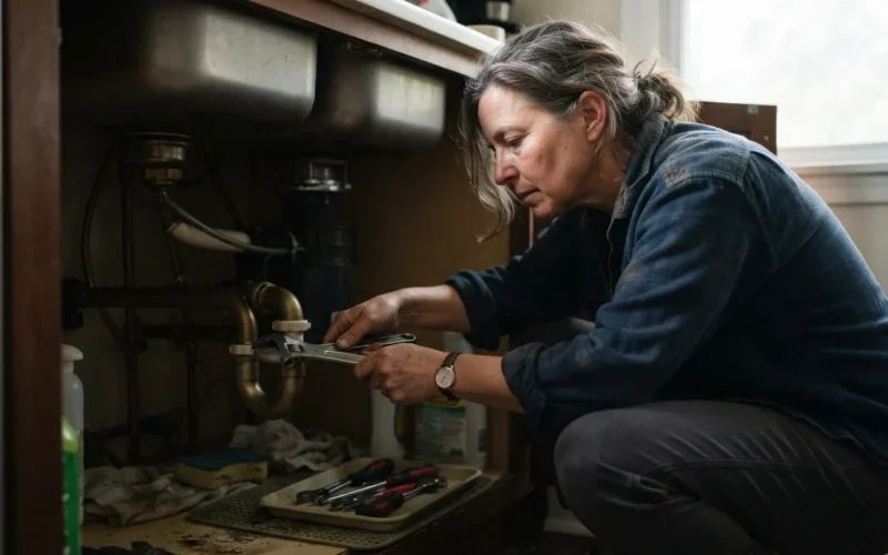 a person working under a kitchen sink with tools