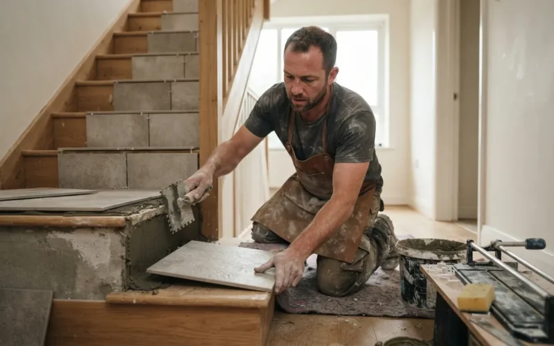 a person installing tiles on an indoor staircase