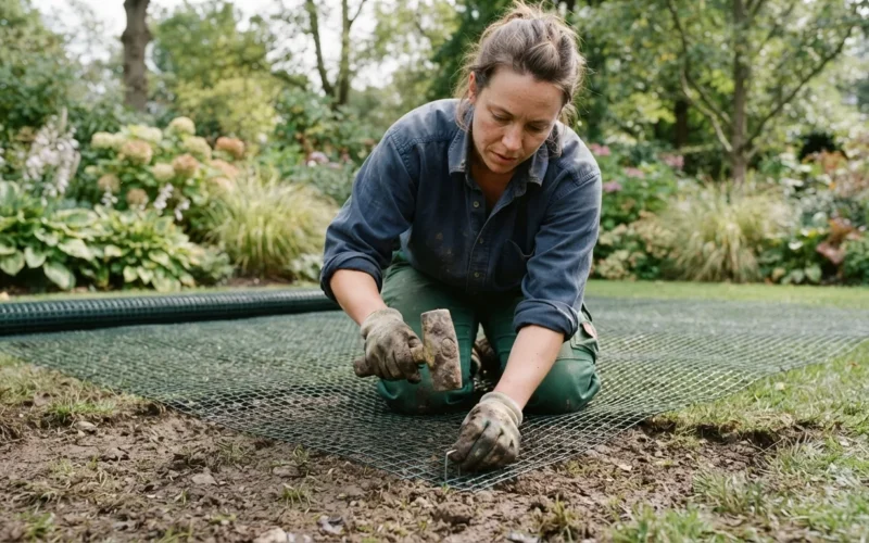 a gardener installing mesh in a lawn
