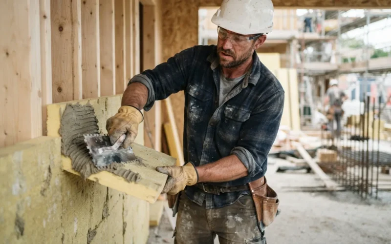 a construction worker applying material to insulation