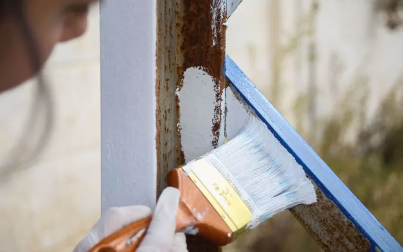 A person paints over rust on a metal railing with a brush, restoring the surface.
