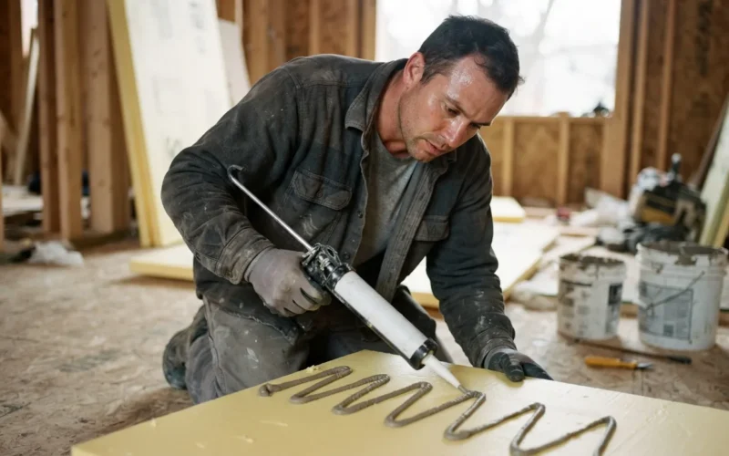 a construction worker applying adhesive to a foam insulation board