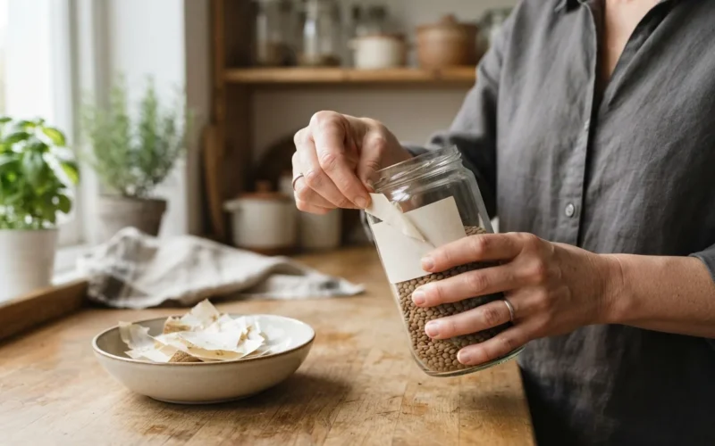a person removing a label from a glass jar in a kitchen