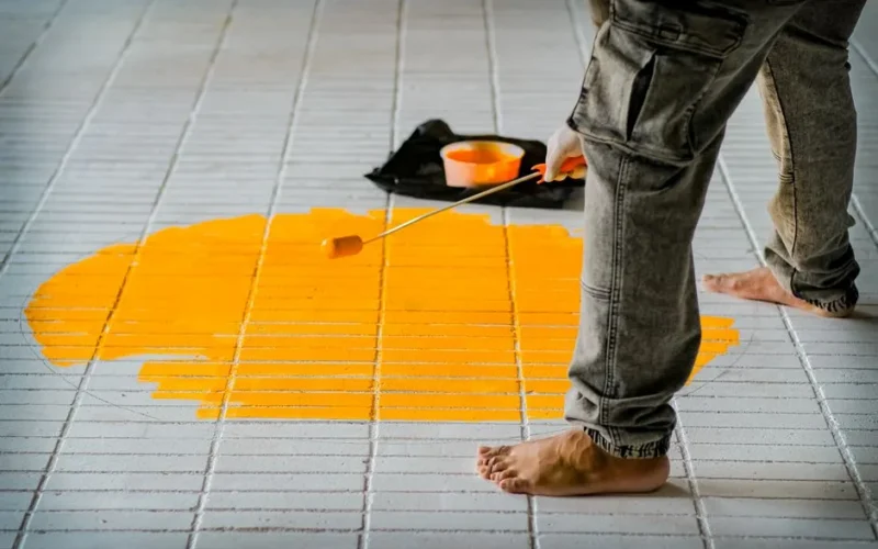 Barefoot individual painting a yellow circle on white tiles using a roller brush, focusing on creativity.