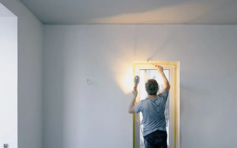 Back view of unrecognizable male in dirty clothes holding bright lamp while repairing door at home