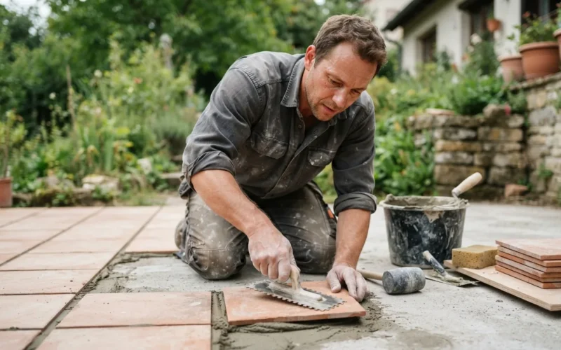 a person laying tiles on a ground-level terrace