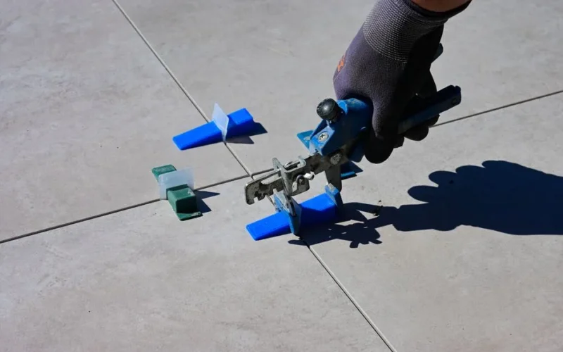 A gloved hand using a leveling tool to install tiles with spacers.
