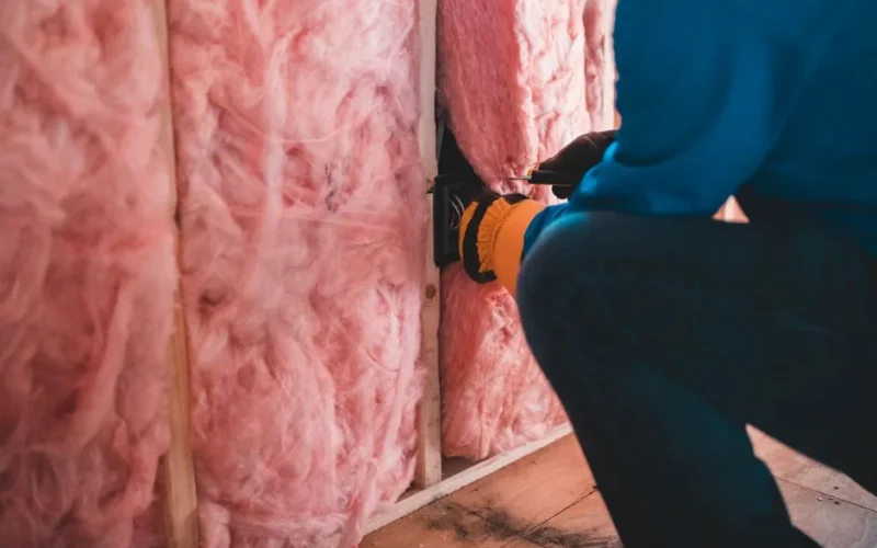 Crop unrecognizable worker in gloves sitting on haunches and insulating with pink stone wool