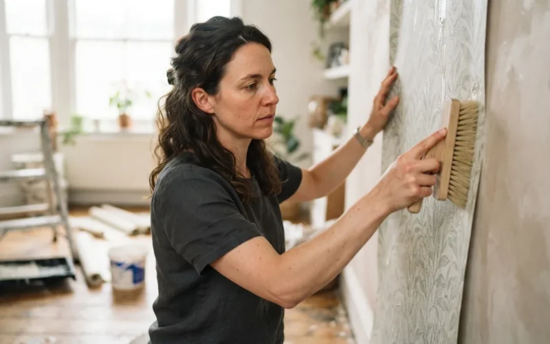 a person applying wallpaper to a wall