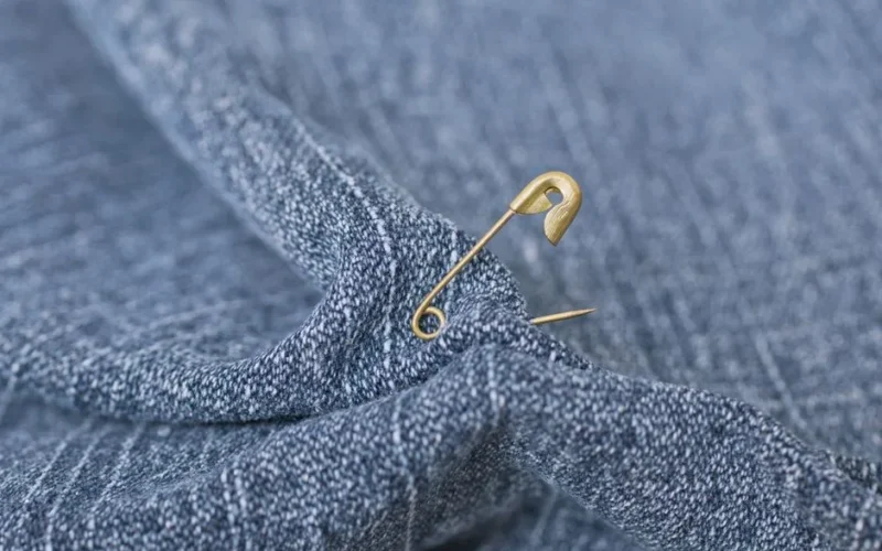 Detailed close-up of a safety pin attached to textured blue denim fabric.