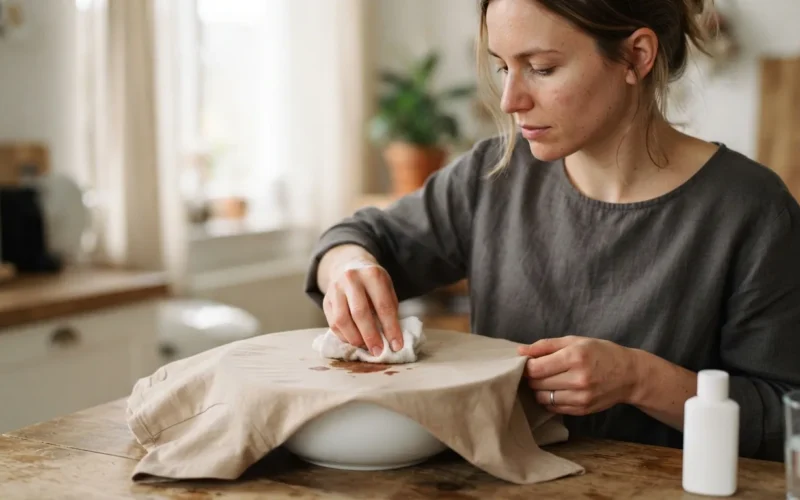 a person removing a stain from a piece of clothing