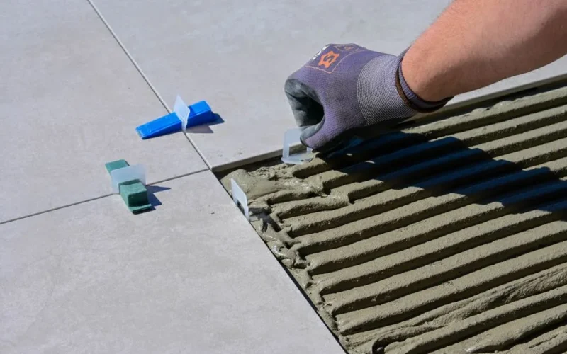 Detailed view of gloved hand aligning tiles with levelers and spacers during construction.