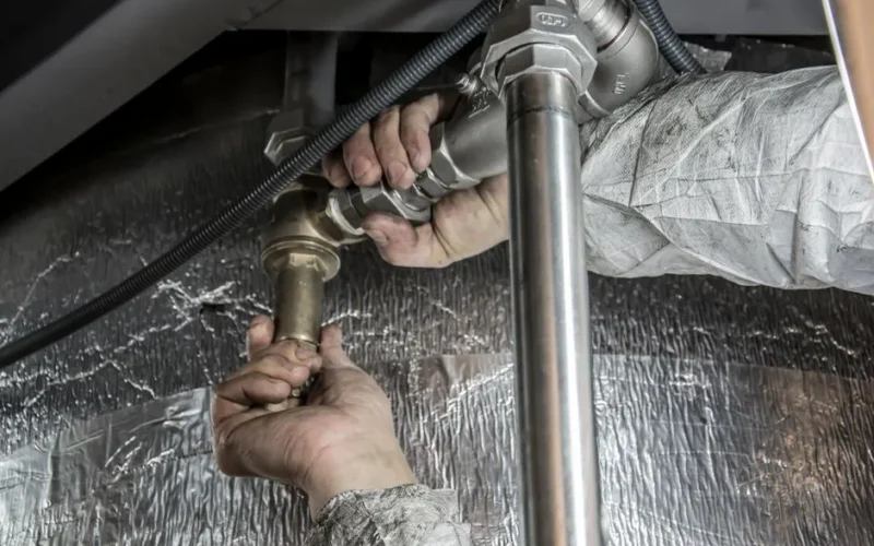 Close-up of a plumber's hands installing steel pipes indoors, showcasing skilled manual work.