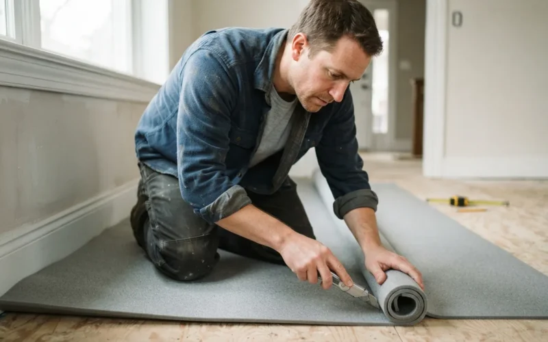a person installing flooring underlayment in a room