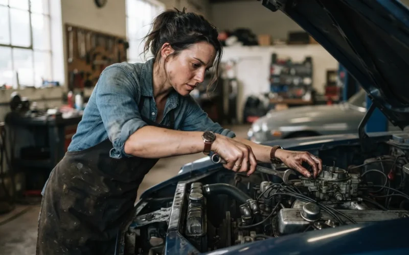 a person working on a car engine with tools