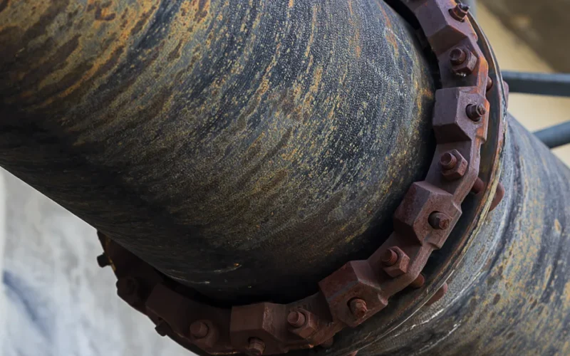 Close-up of a rusty industrial pipe showing corrosion and bolted fittings.