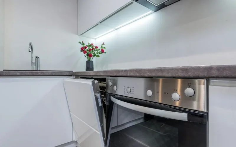 Sleek kitchen interior featuring an open dishwasher and vibrant flowers on the counter.