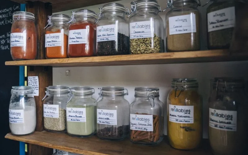 Glass jars filled with spices and labels on a wooden shelf for eco-friendly storage.