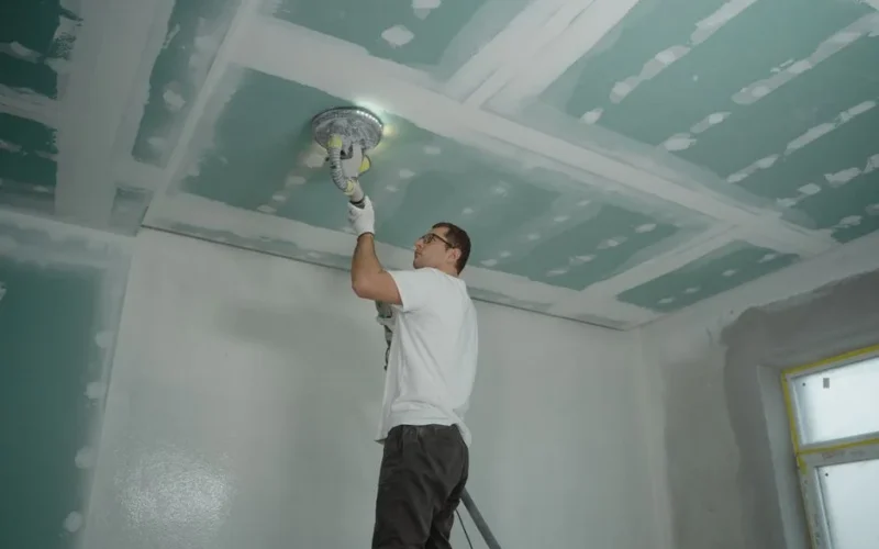 A worker expertly polishes a ceiling indoors, demonstrating home renovation skills.