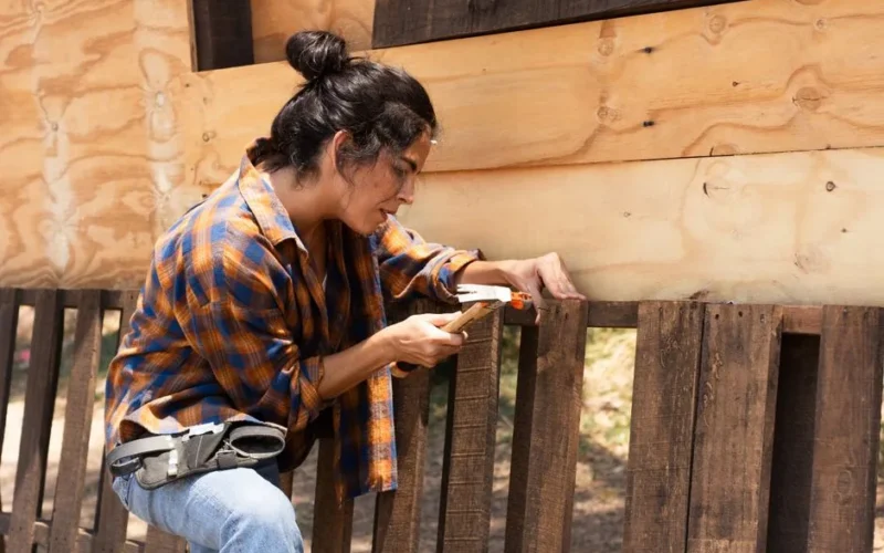 A woman hammering nails into wooden boards, engaged in a woodwork project in an outdoor setting.