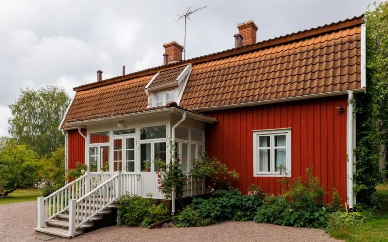 A picturesque rural red wooden house with white trim and a tailed gable roof.