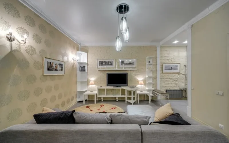 Elegant living room featuring modern decor, neutral tones, and ambient lighting.
