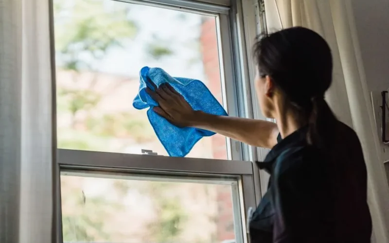 A woman cleans a window using a blue microfiber cloth providing a streak-free shine.