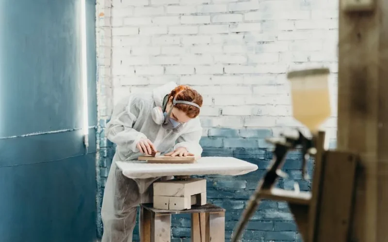 A craftsman in protective gear sands a wood piece in an industrial workshop.