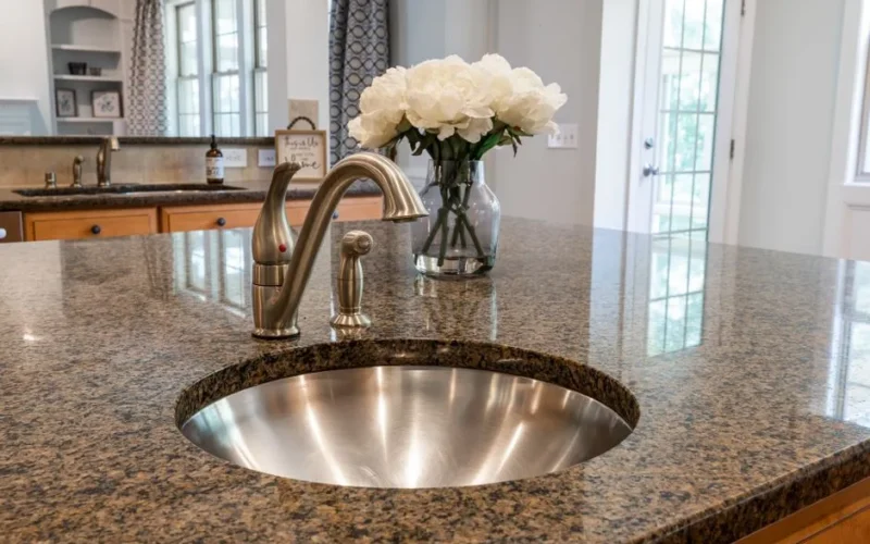 Stylish kitchen interior featuring granite countertop, stainless steel sink, and a vase of white peonies.