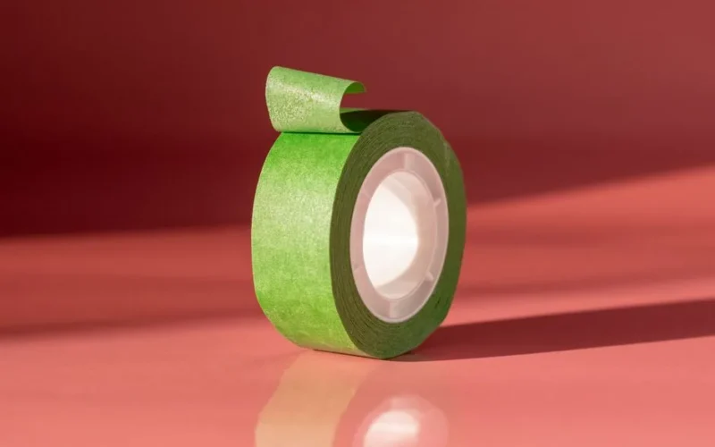 A roll of green tape stands out against a coral background in a minimalist setting.