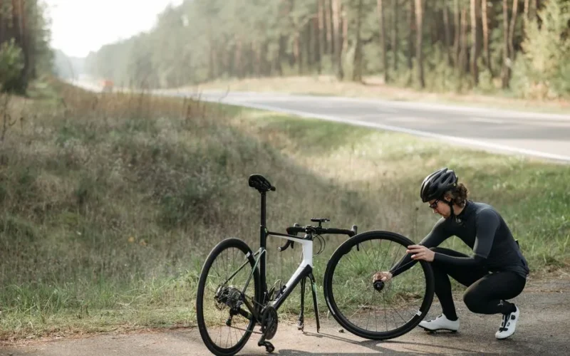 Cyclist fixing a bicycle wheel on a rural roadside surrounded by forest.