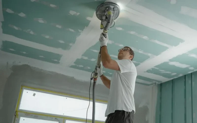 A professional worker sanding the ceiling during a home renovation project. Indoor construction setting.