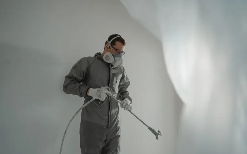 Person in protective gear painting a wall, showcasing house renovation work.