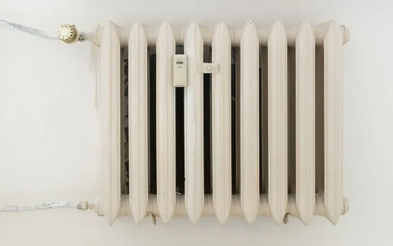 A classic white metal radiator on a plain wall, showcasing minimalist interior design.