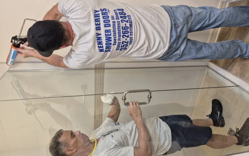 Two workers are installing a frameless glass shower door in a modern bathroom. One worker is applying silicone sealant along the top edge of the glass panel using a caulking gun, while the other cleans the glass and adjusts a handle. Both are wearing gray t-shirts and casual clothing. The bathroom features tiled walls, a wooden floor, and a visible toilet in the background. The scene is set on June 25, 2025.