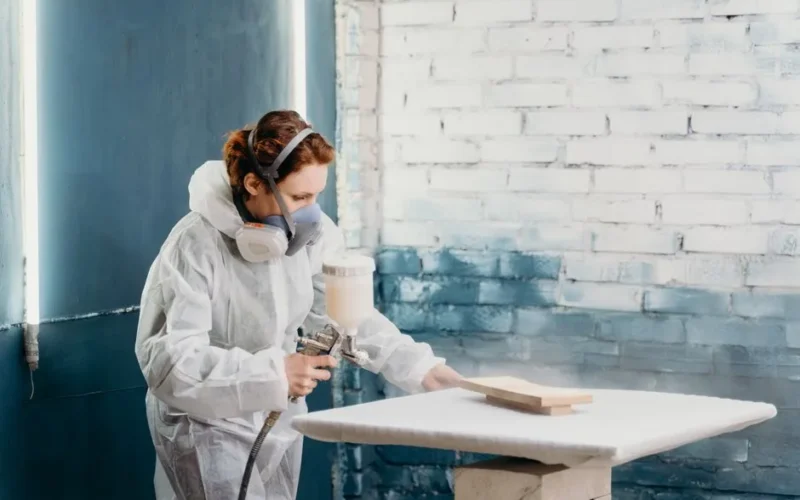 A female artisan wearing protective gear spray paints a wooden object indoors.