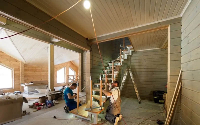 Carpenters skillfully assembling a modern wooden staircase inside a newly constructed home interior.